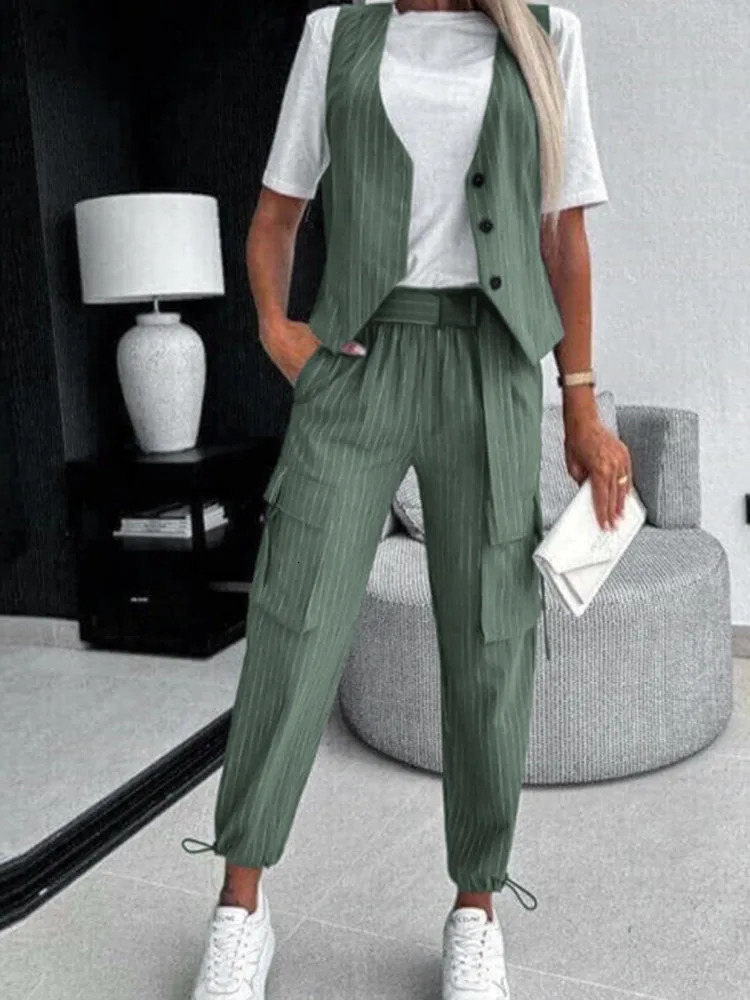 White Striped Vest Suit For Women Summer Casual V-neck Button Top Pocket Loose Pants Outfits Two-piece Suit For Women Elegant 250516