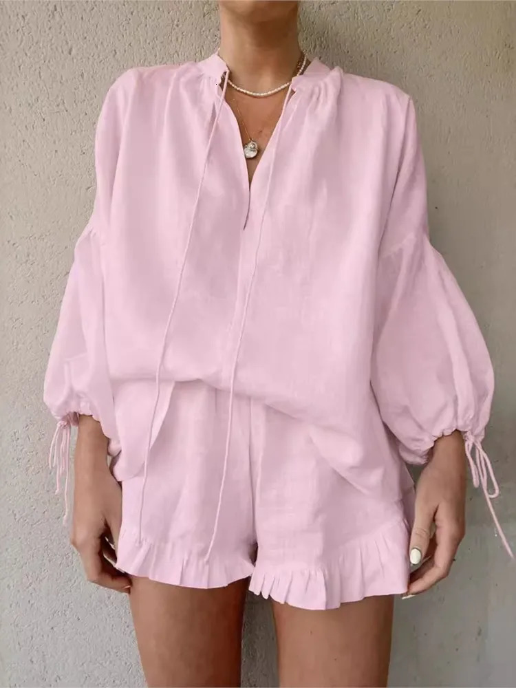 Women Casual Suits Fashion Two Pieces Sets Spring Summer Cotton Linen Loose Long Sleeve Drawstring Blouse Ruffles Shorts Set 250516