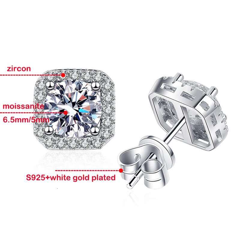 COSFIX White Gold 1CT Moissanite Stud Earrings for Women Round Cut S925 Silver Luxury Square Jewelry Lab Diamond Earring Gift