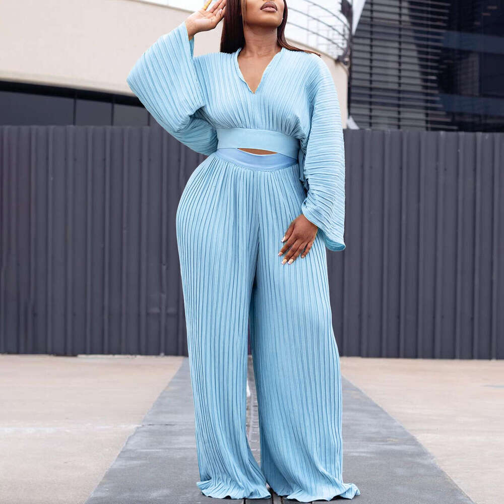 Women's Wear D3271 Women's New Spring Loose Pleated V-Neck Top Wide Leg Pants Two-Piece Set