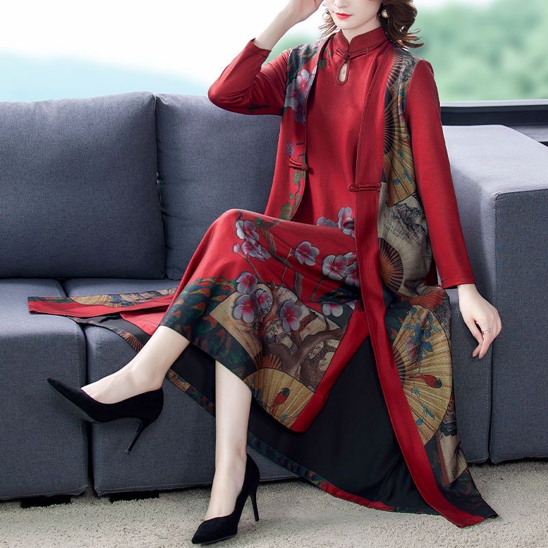 2025 plus size women's summer new slim print retro dress mid-length skirt D02382