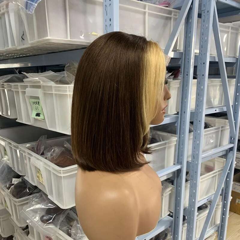 4x4 Lace Closure 12A Double Drawn Bob 180% Density Human Wigs Brown With Blonde Colored Wig Brazilian Virgin Hair