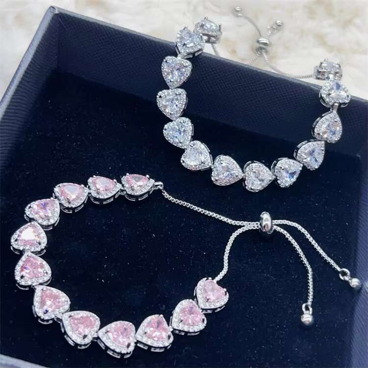 MC340 Sweet Style Shining Pink Zircon Heart Charm Adjustable Chain Bracelet Fashion Women's Accessories