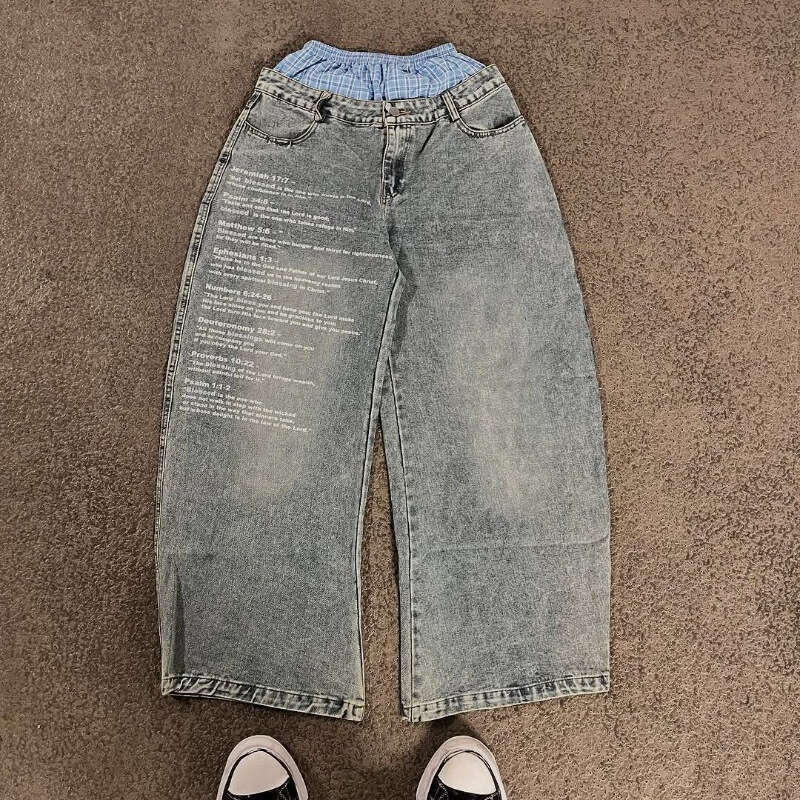 2025 Summer Loose Jeans y2k Harajuku Letter Printed Double Waist High Street Fashion Wide Leg Pants Hee