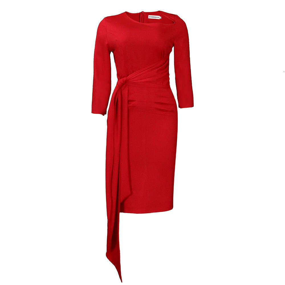 Women's Wear D3168 Women's 2022 Autumn/Winter New Solid Color OL Style Commuter Pleated Tie Up Dress