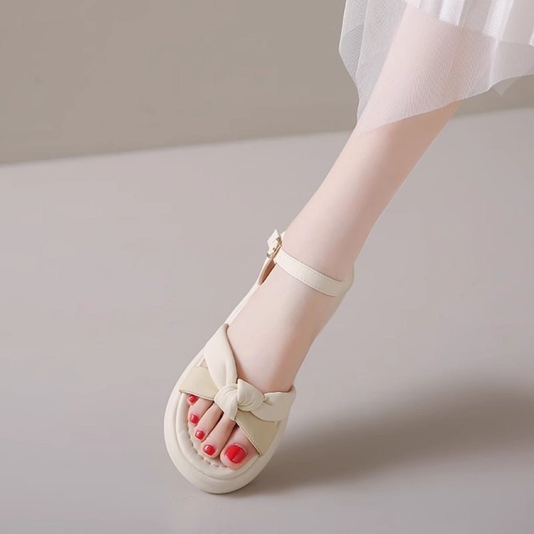 Free shipping Designer women's summer new bow sandals, thick-soled height-increasing, versatile, fashionable and comfortable beach shoes, commute
