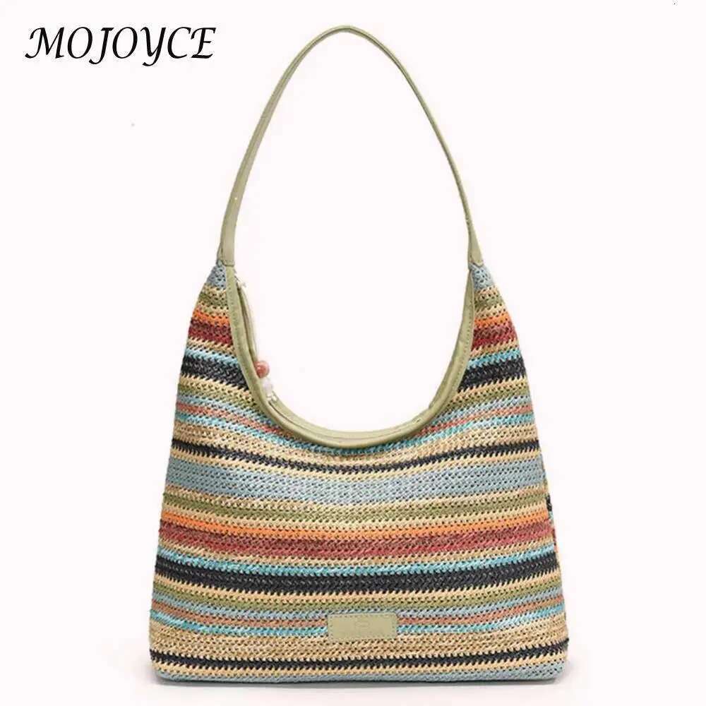 Women Straw Woven Tote Summer Beach Bags Large Capacity Weaving Shoulder Bag Ethnic Style Contrast Color For Outdoor Travel