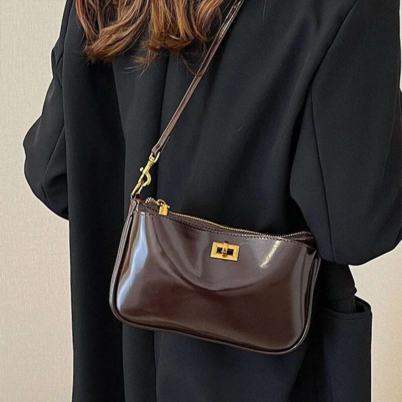 Gold Lock High Quality Handbag Red Shiny Cowhide Leather Small Square Designer High-End Brand Retro Women Shoulde Bag