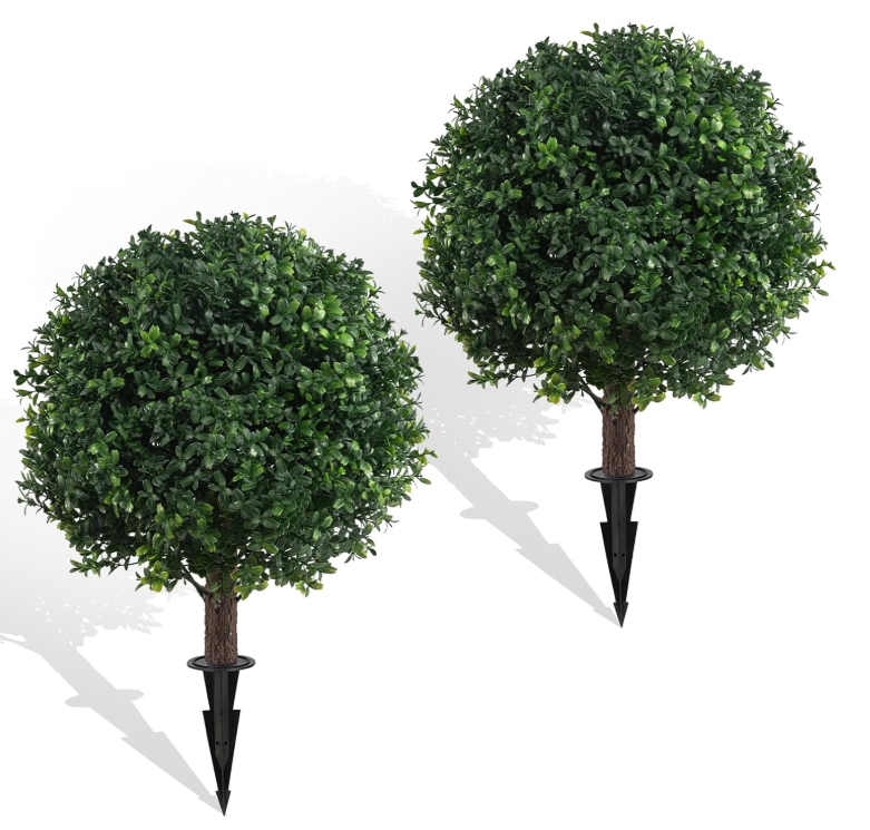 Artificial Rose Boxwood Topiary Ball Bush for Outdoor with Ground Spike 22" UV Resistant Faux Greenery Shrubs