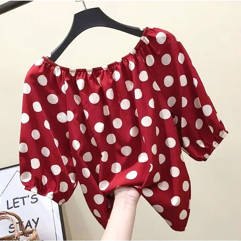 Red Polka Dot Print Chiffon Slash Neck Short Sleeve Loose Womens Blouse Shirt Korean Fashion Female Clothing Tops Summer 250520