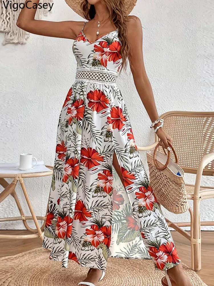 VigoCasey Summer Female Print Casual Bodycon Dress Women Sexy Sleeveless Strap Long Lace Patchwork Tight Club Dresses 250520