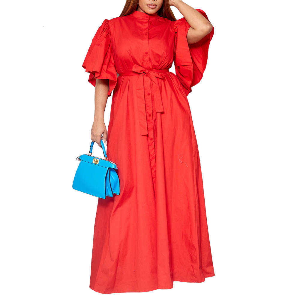 Women's Wear D3270- Summer Fashion Flare Sleeves Single Breasted Belt Loose Waist Long Dress