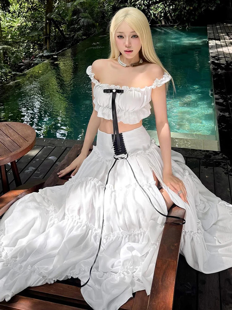Weird Puss Sweet 2Piece Set Women Y2K Slash neck Patchwork Lace Bow Crop TopsHigh Split Bandage Skirts Matching Vacation Suits 250520