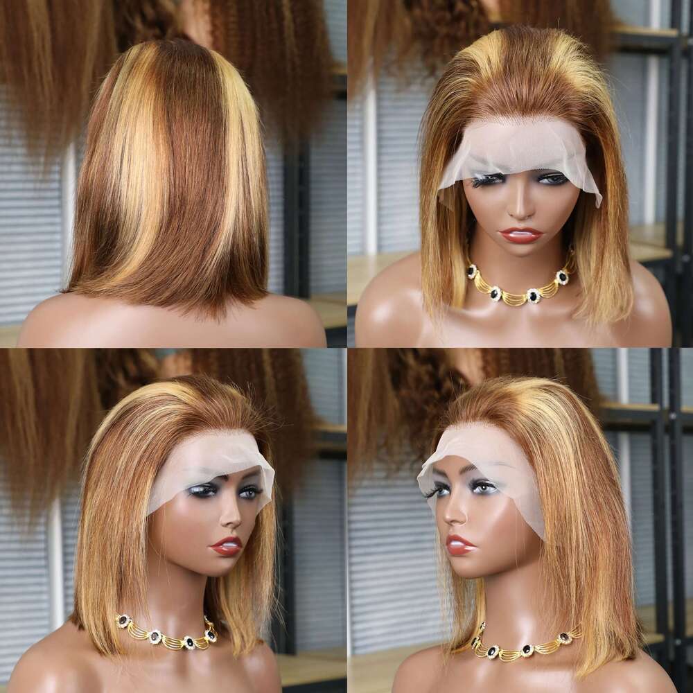 Highlight 4/27 Brown Blonde Color Straight 13x4 Bob Transparent Lace Human Hair Frontal Short Wig For Women