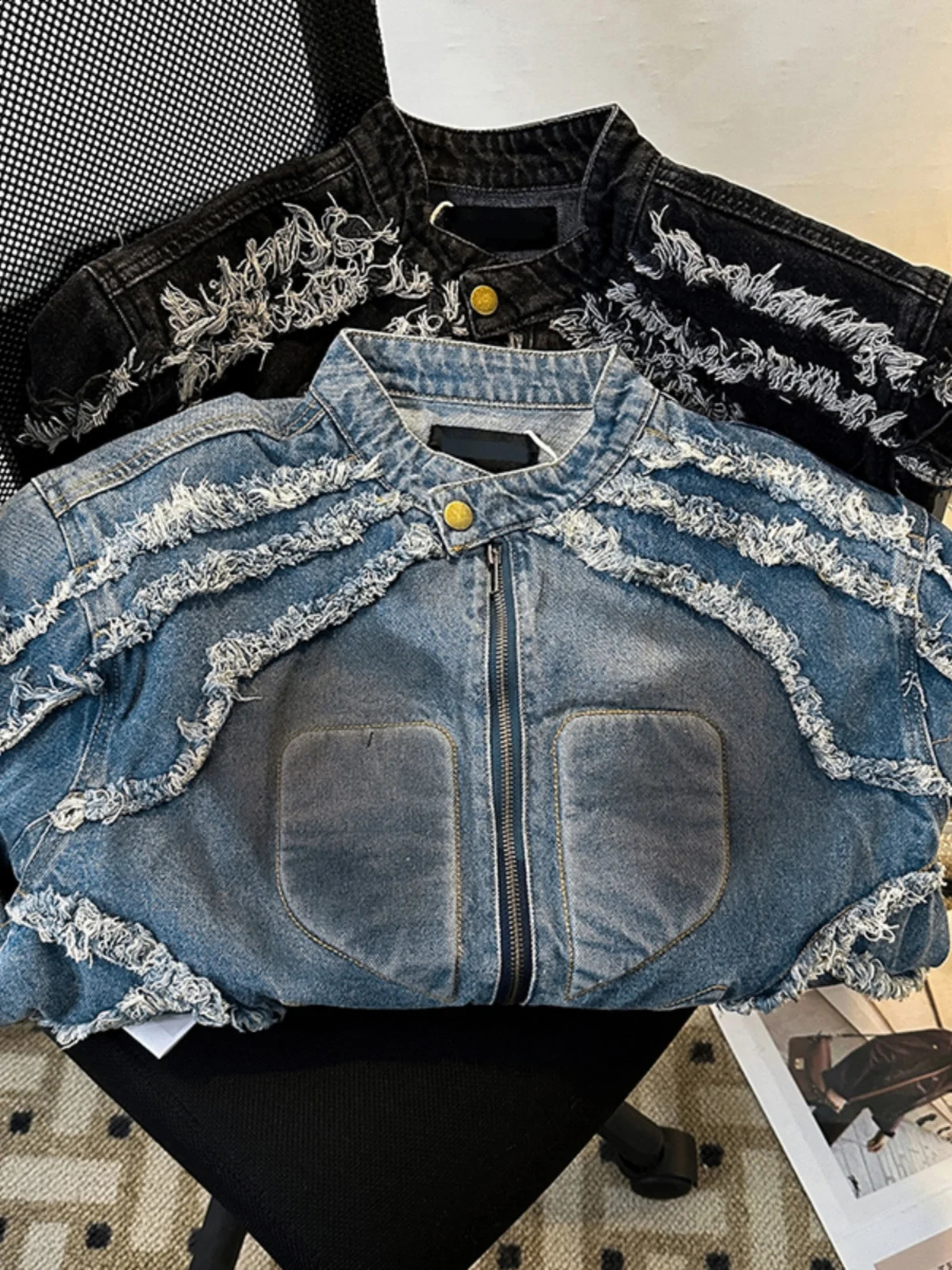 Fashion Shoulder Padded Long Sleeve Zipper Denim Coats Mens 2025 Spring Autumn Handsome Tops Trendy Male Motorcycle Jackets 250516