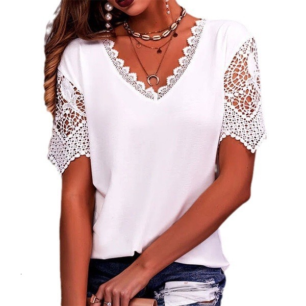 Designer Clothing Fashionable Women's Hot New Lace Patch Loose V-neck Short Sleeved T-shirt 2025 Versatile Casual