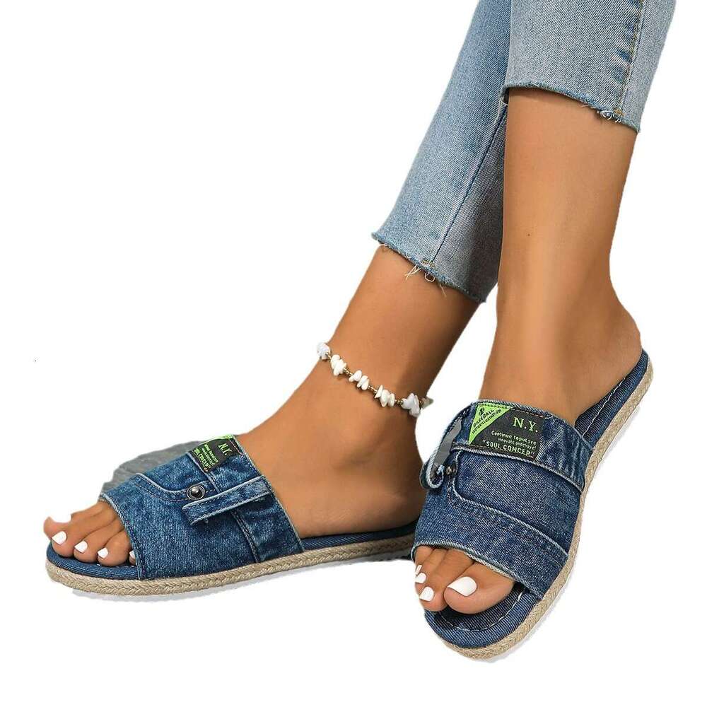 Large flat slippers, women's denim, straight drag, size 43 thick soled shoes, worn with cool slippers NEW TOP on the outside