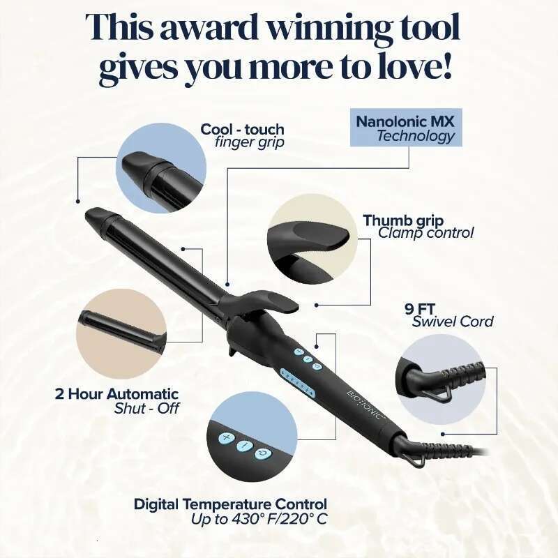 Bio Ionic Long Barrel Styler, 1.25" Iron, Curling Wand, Adjustable Heat Hair Curler