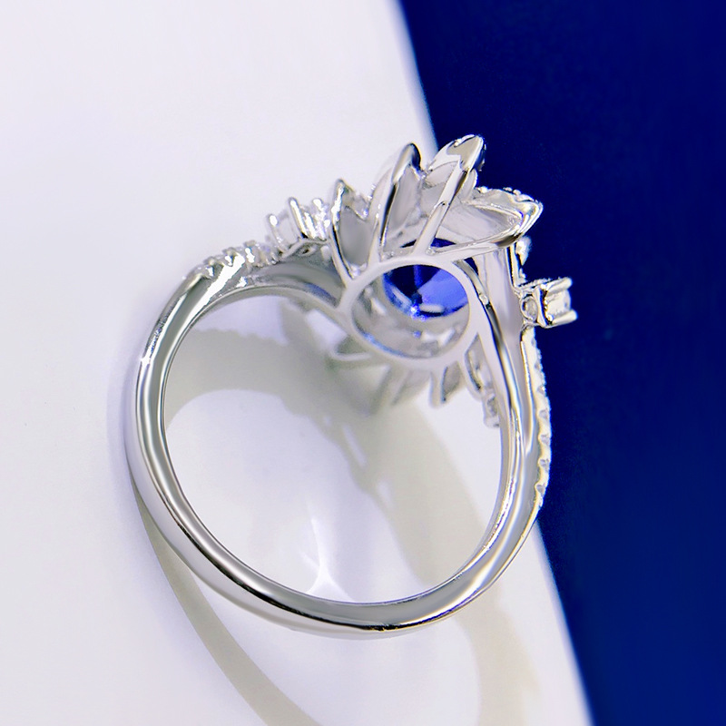 New 925 Sterling Silver Oval Synthetic Blue Sapphire Ring with Ice Flower Design, 7*9mm, Elegant and Luxurious Jewelry for Women.