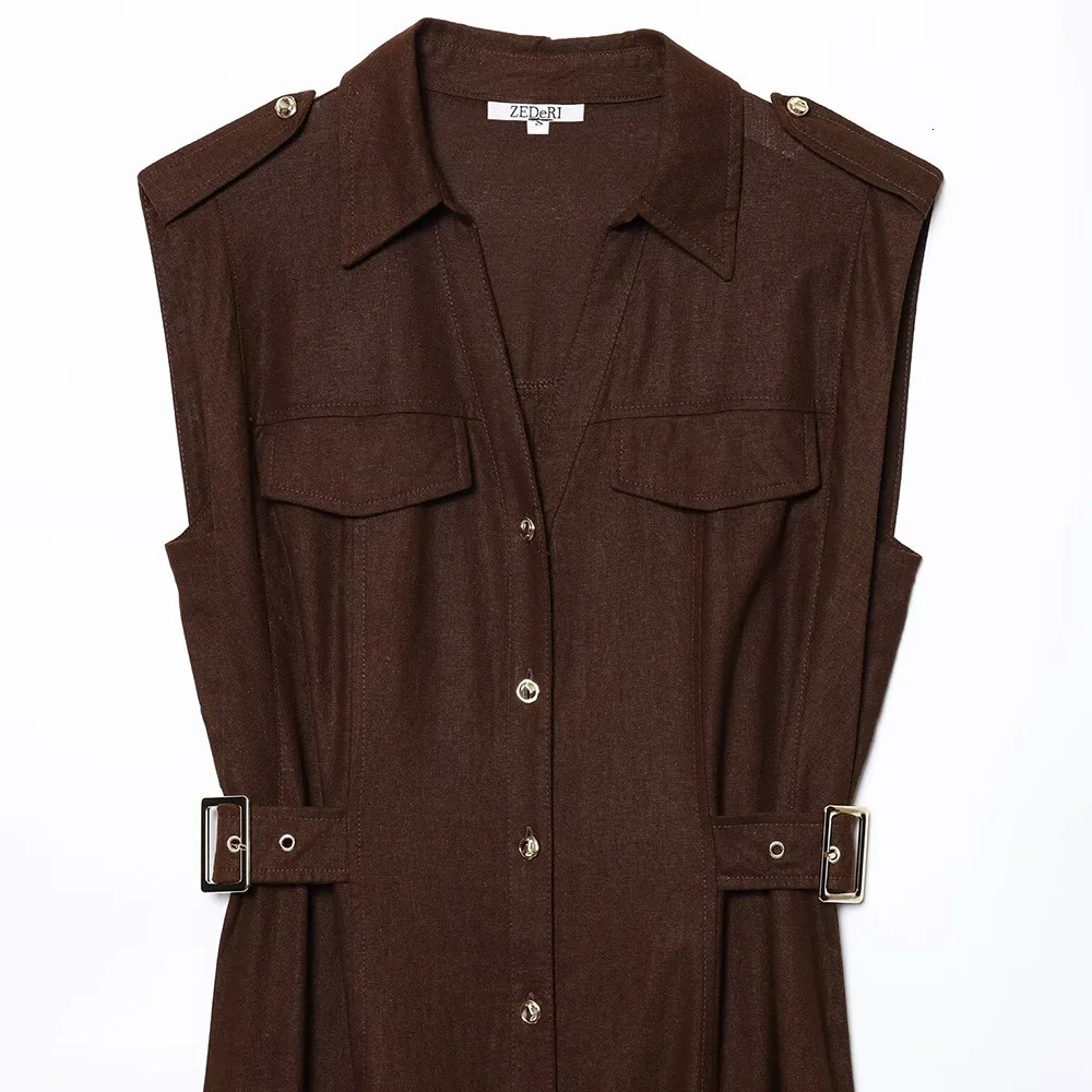 Khaki Brown Two Color Turn Down Collar V Neck Sleeveless Single Breasted Women Comfortable Long Dress ZATAF Spring 250520
