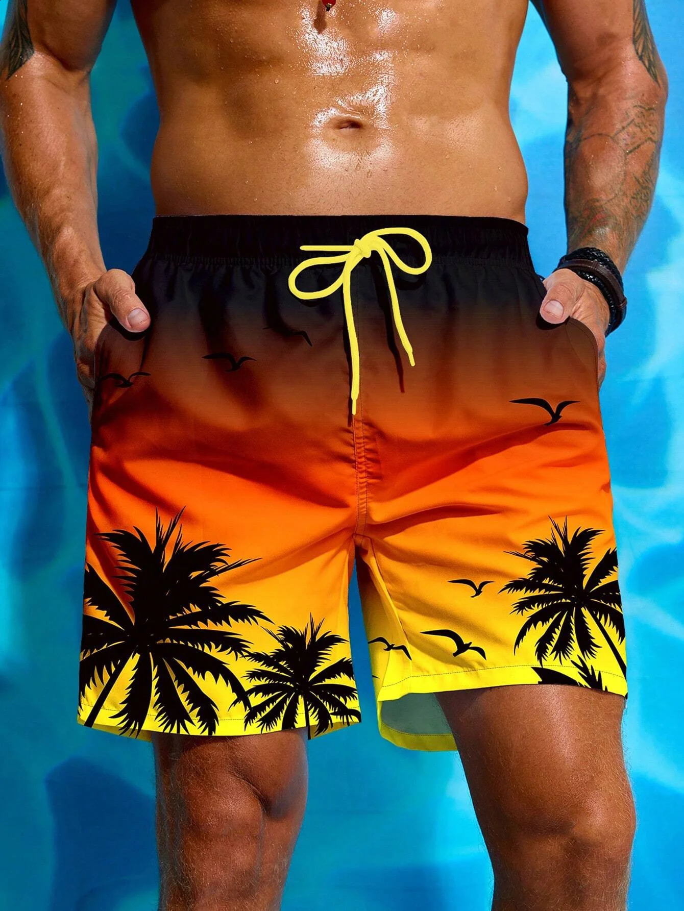 Summer Vacation Mens Palm Tree Print Drawstring Waist Board Shorts Fashion Swim Trunks 3D Breathable Short Streetwear 250516Z