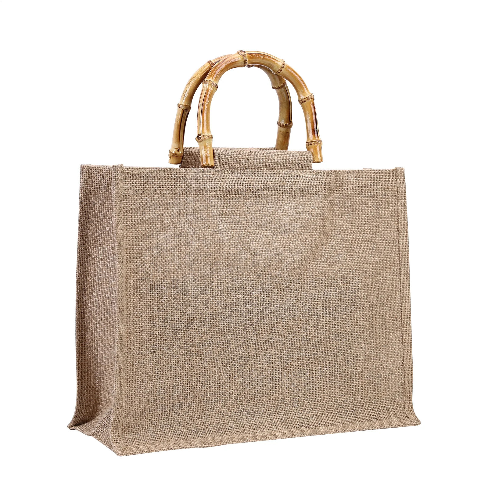 Creative Linen Beach Tote Bags for Women Bamboo Handle Reusable for Grocery Shopping Gift Packaging Top-Handle Bag 250516