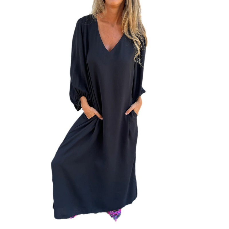 Spring and Autumn Foreign Trade Cross-border Casual Loose V-neck Solid Color Women's Lantern Sleeve Dress