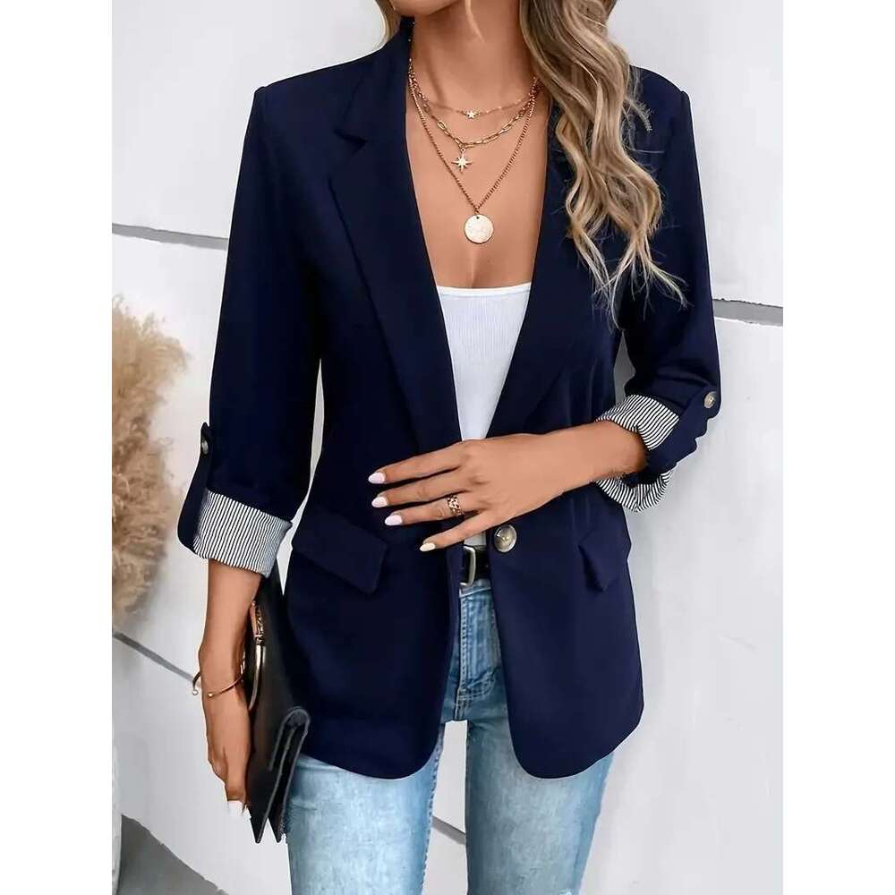 New Fashionable Casual Button Up Slim Fit Seven Quarter Rolled Sleeve Solid Color Work Office Suit Jacket