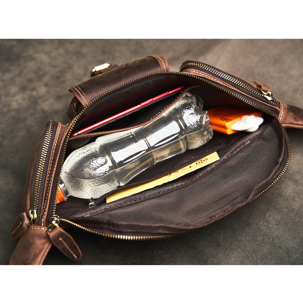 Hot Sale Men Crazy Horse Leather Casual Fashion Chest Sling Bag 8" Tablet Design Triangle One Shoulder Cross-Body Bag Male