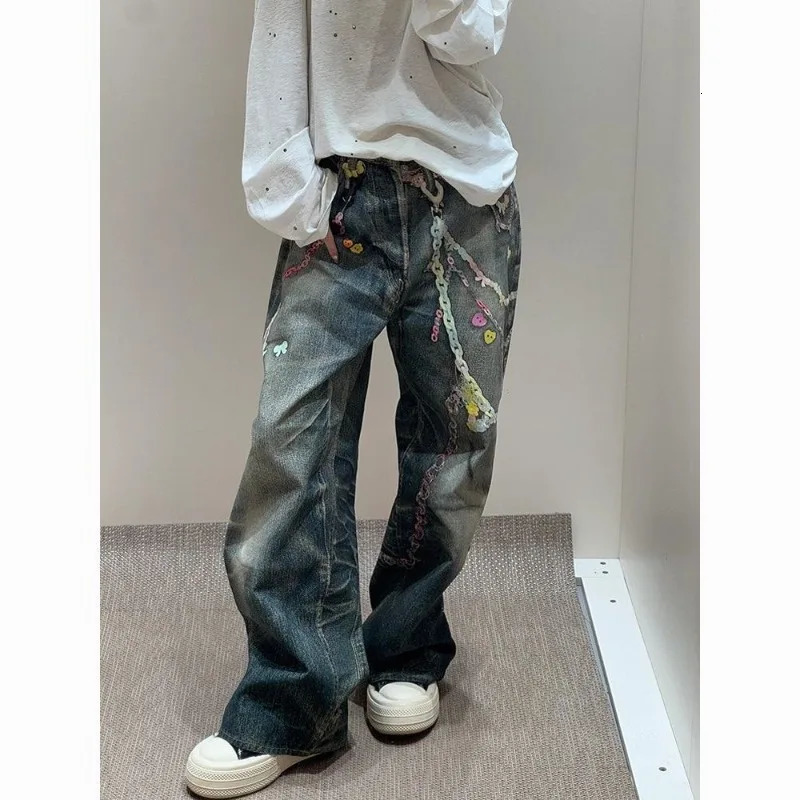 Korean Trendy Harajuku Streetwear Y2K Candy Chain 3D Printed Baggy Jeans Women Hip-hop Retro Punk Straight Wide-leg Pants 250520