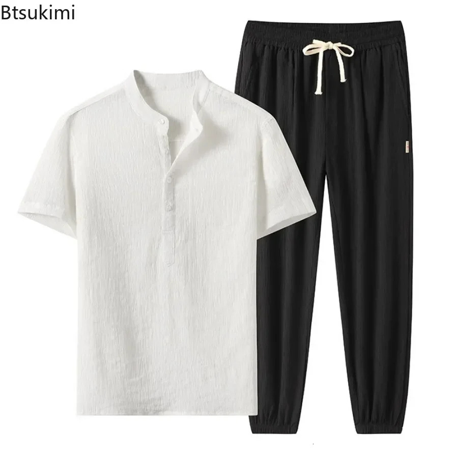 2025 Mens Casual Pant Sets Spring Summer Ice Silk Breathable Short Sleeve T-shirts and Pants Two Pieces Sportswear Outfits Male 250519