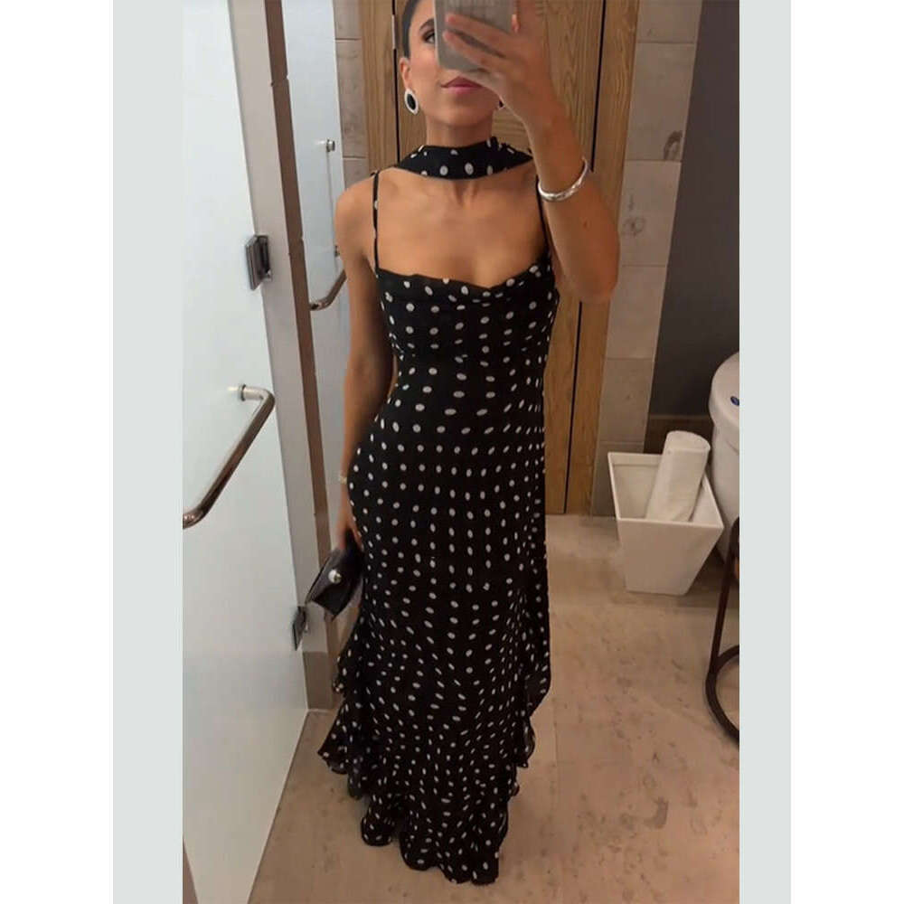 Elegant sophisticated sleeveless polka dot scarf collar with ruffled edge suspender dress for women in Europe and America 2025 new casual fashion tren