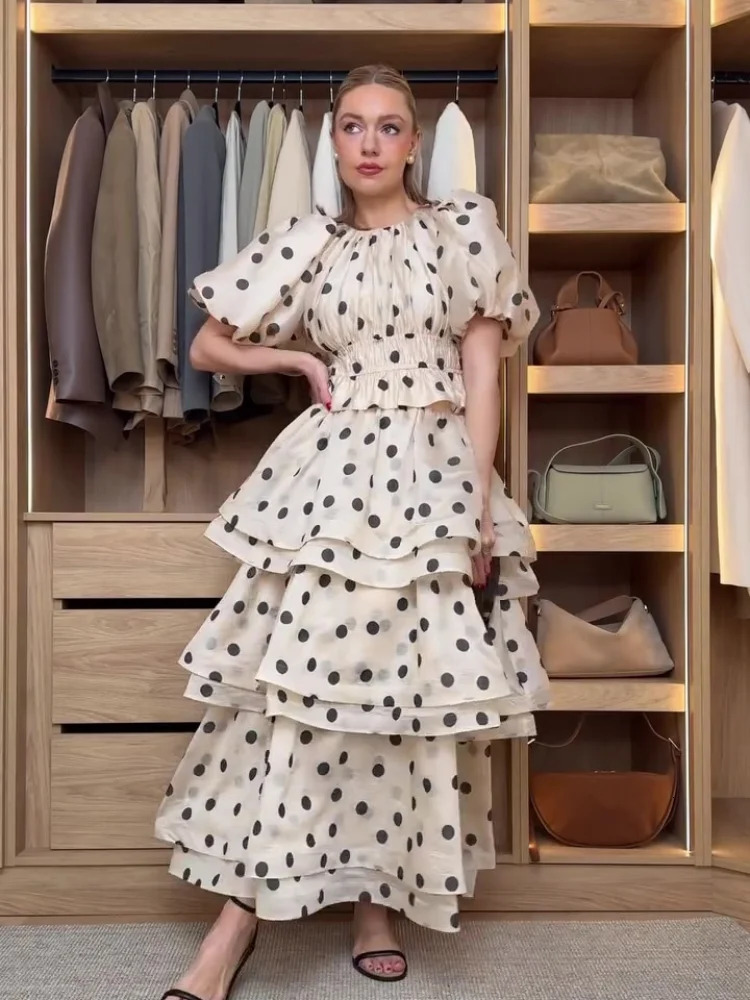 Chic Puffy Layered Ruffles Polka Dot Print Skirt Sets Women Elegant Oneck Bubble Short Sleeve Tops Suit lady Evening Partywear 250520