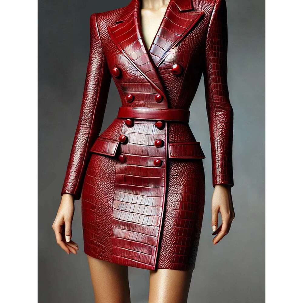 Faux Leather Double Breasted Croc-Emed Belted Mini Dress Women's Sexy Bodycon Party Club Night Out Elegant Slim Fit Fashion