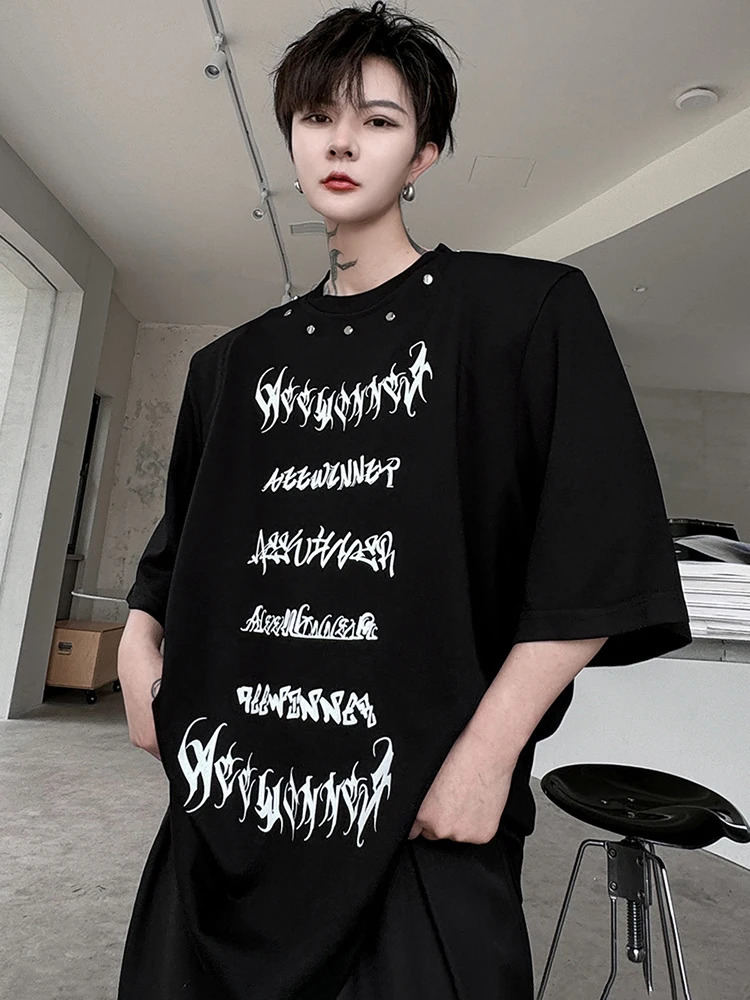 LUZHEN Metal Printed Short Letter Sleeved Rivet T Shirts Decorate n Trendy Summer Shoulder Pad Mens Street Tops LZ9726 250520