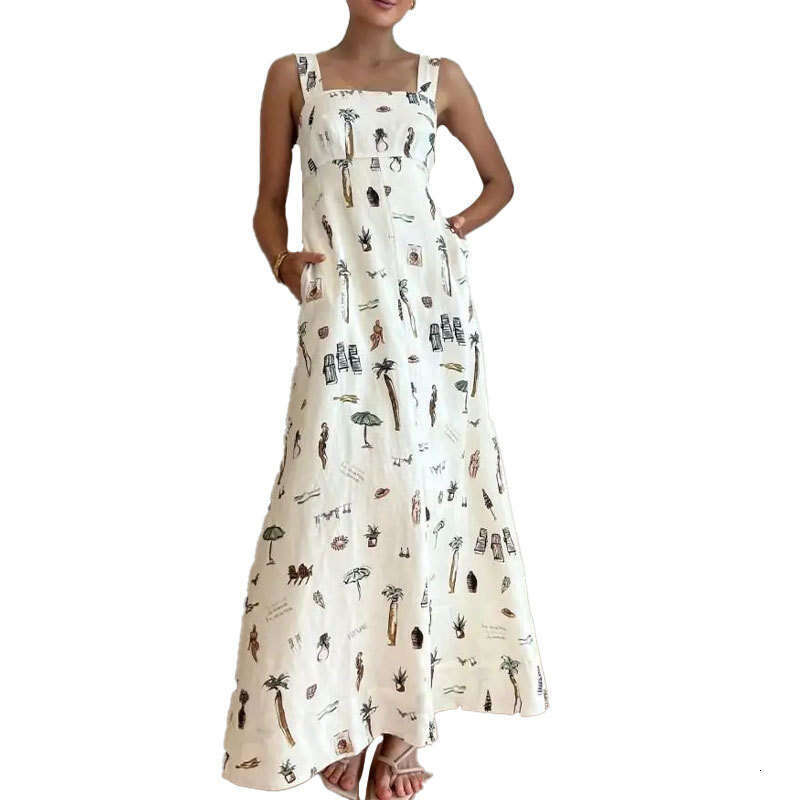 Women's Wear New Women's Sleeveless Lace Up Suspender Sexy Printed Large Swing Dress