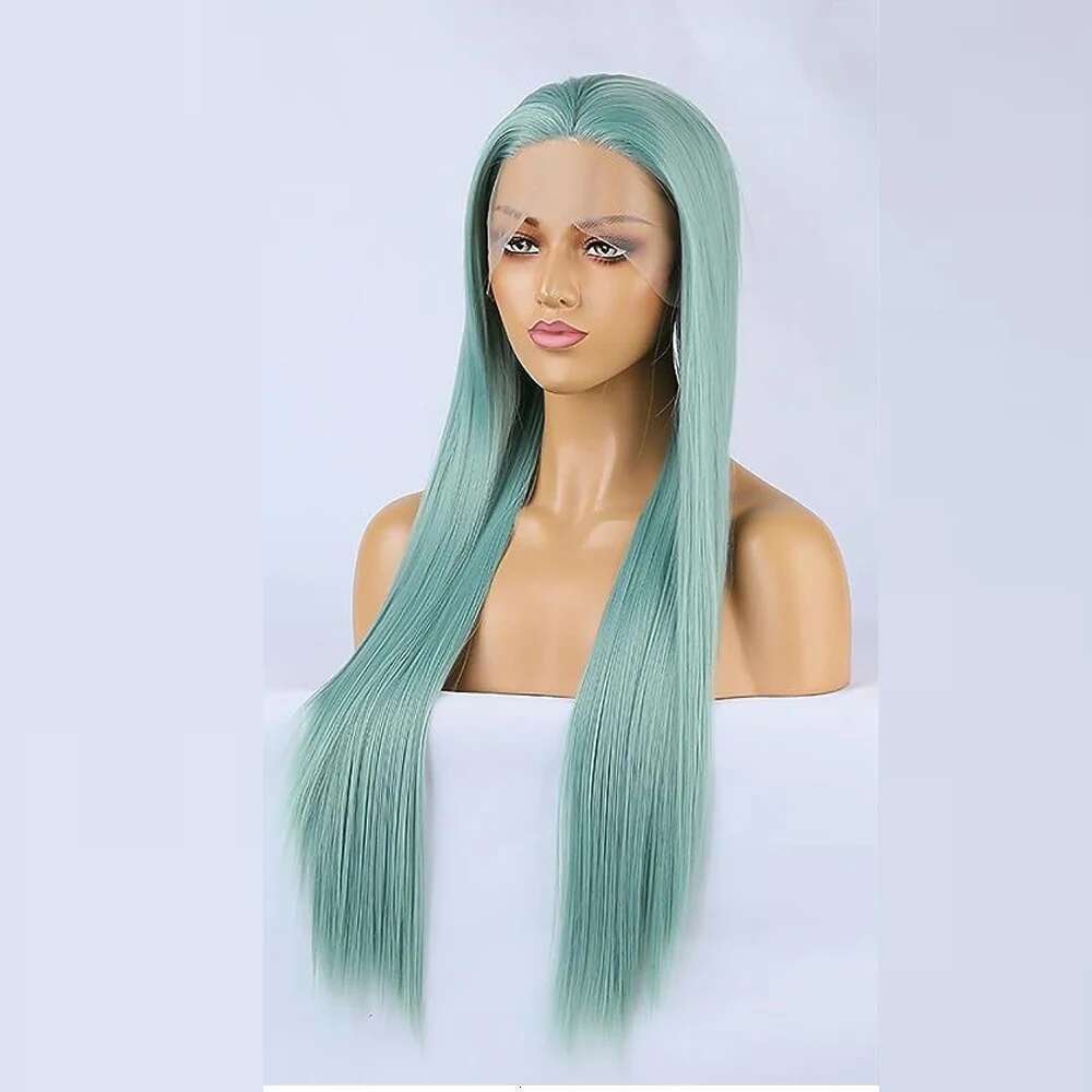 Natural Straight Synthetic Front Glueless Ready to Wear Long Green Wig Lace Wigs for Women Cosplay