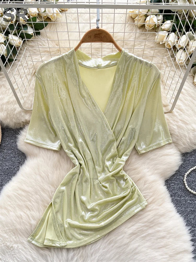 SINGREINY Women Sexy Streetwear Blouse Ladies Short Sleeves V Neck Split Shirts Summer Fashion Girl Slim Irregular Tops 250520