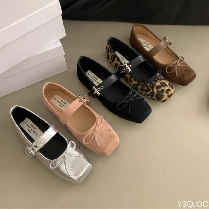 Womens square toe Shoes Bow flats Ladies ballet silver belt buckle footwear Elegant fashion Mary Jane shoes Zapatos 250515