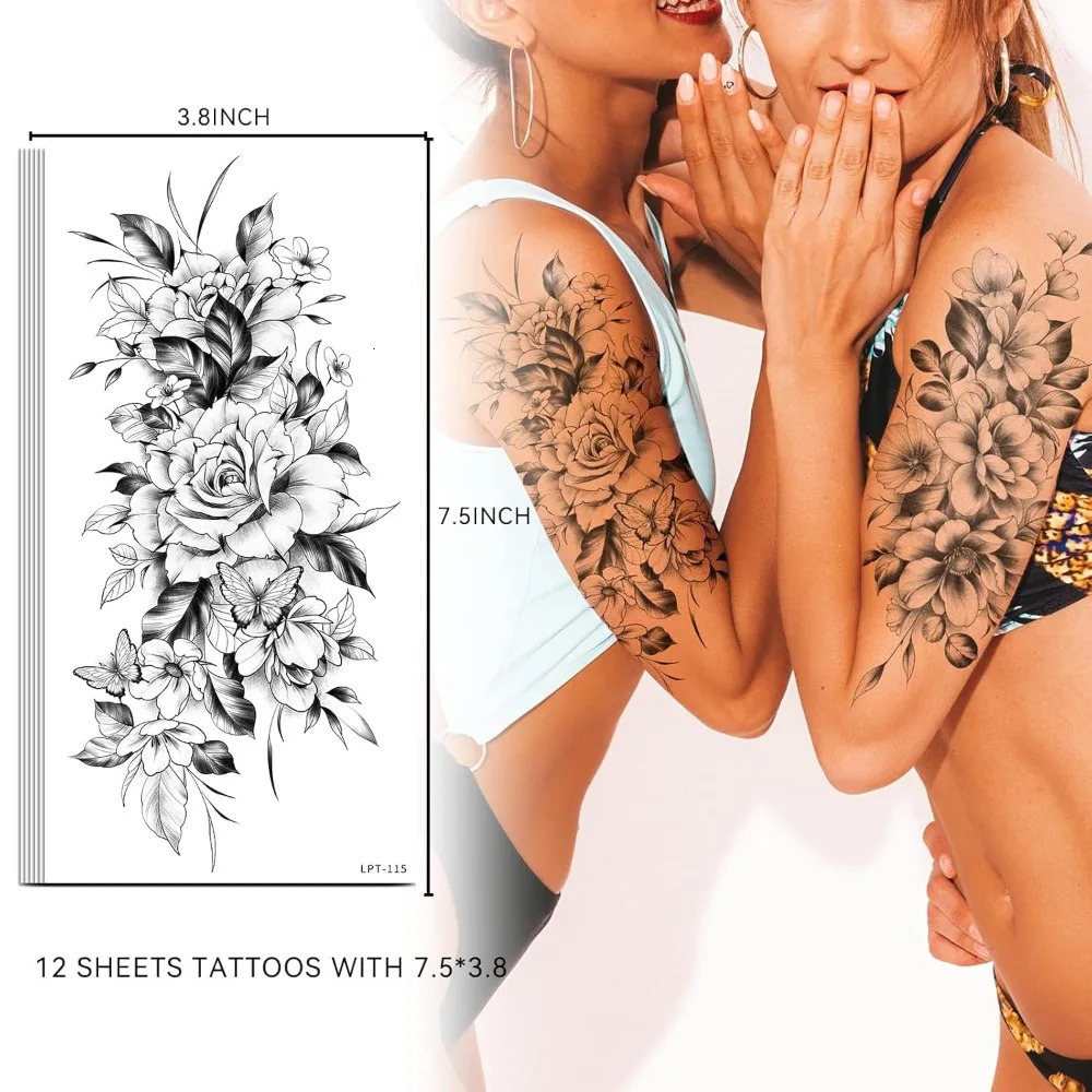 Half arm flower fake tattoo sleeves temporary realistic tattoo stickers for adult girls shoulders arms legs backs 250515