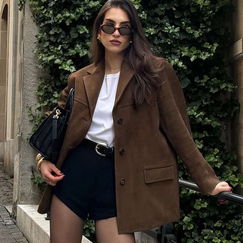 TRAF Women's Old money Jackets Brown Leather Suede Coat Vintage Demi-season Jacket Autumn Winter New in Outerwears
