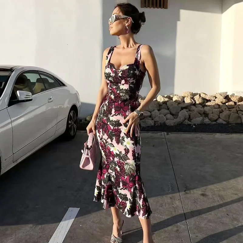 TRAF Womens Print Slip Dresses Summer Elegant Party Evening Fruit Sleeveless Backless Vestidos Floral 250520