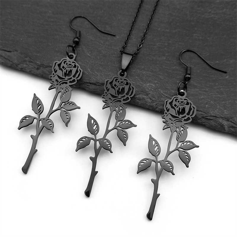 Hiphop Rose Pendant Necklace Mens Stainless Steel Silver Black Charm Chain Jewelry Gift W250325