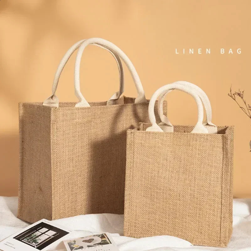 Vintage Women Linen Tote Shopper Purses Large Summer Beach Handbags Portable Eco Top Handle Shopping Bag Multiple Sizes Handbag 250516