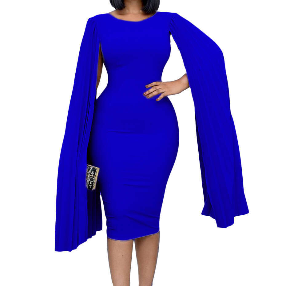 Women's Wear Large Size Women's Spring Pleated Round Neck Elegant Solid Color Buttocks Wrapped Tight Fitting Dress