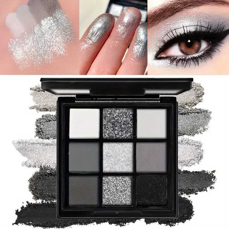 9-shade eyeshadow palette Black Swan Smoky Dark Black Grey Silver Glitter Matte Finish Long-lasting and easy to color W250520