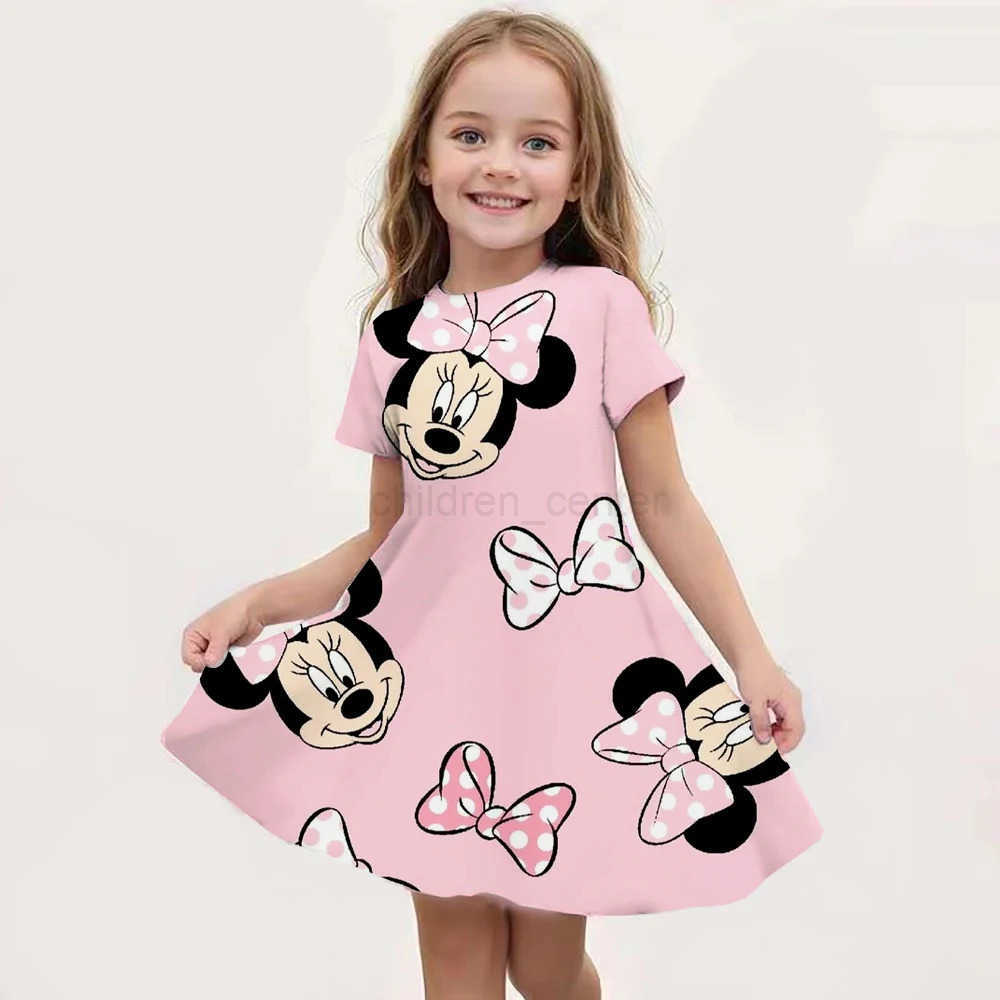 Disney Cartoon Minnie Mouse Printed Dress Girls Summer Fashion One-piece Dress Kids Daily Casual Short Sleeve Clothing Outfit W250520
