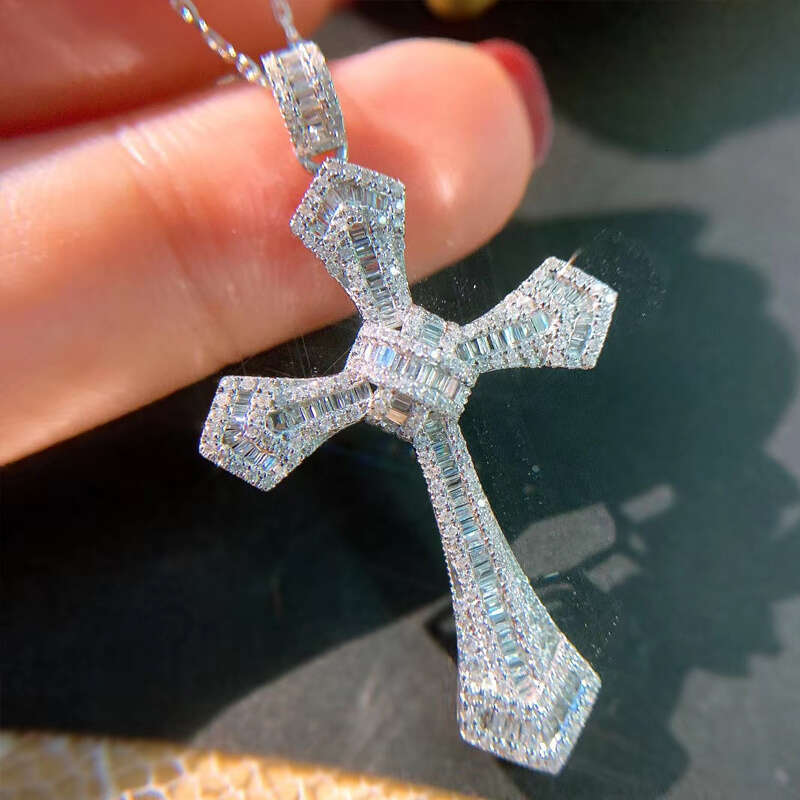 Full Moissanite Necklace Sterling Cross Pendant for Women 2.76*1.57inch Hip Hop Fine Jewelry Men Christmas Ladies Mother Father Valentine'S day G