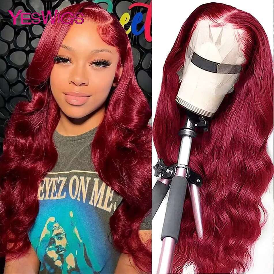 13x4 Body Wave Bury 99j Cherry Red Colored Front 100% Human Hair Wigs On Sale Glueless Lace Frontal Wig Pre Plucked