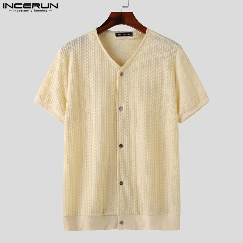 INCERUN Men Shirt Solid Color V Neck Short Sleeve Streetwear Summer Clothing Korean Style Knitted Fashion Male Shirts 250520